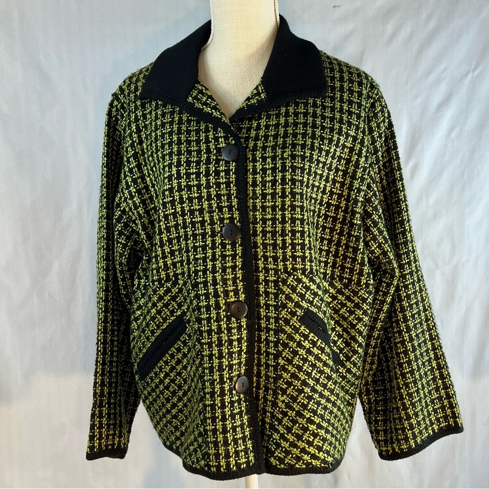 I.B. Diffusion Vintage Jacket Black/Lime Green Tweed Knit Black Collar & Trim S👍
